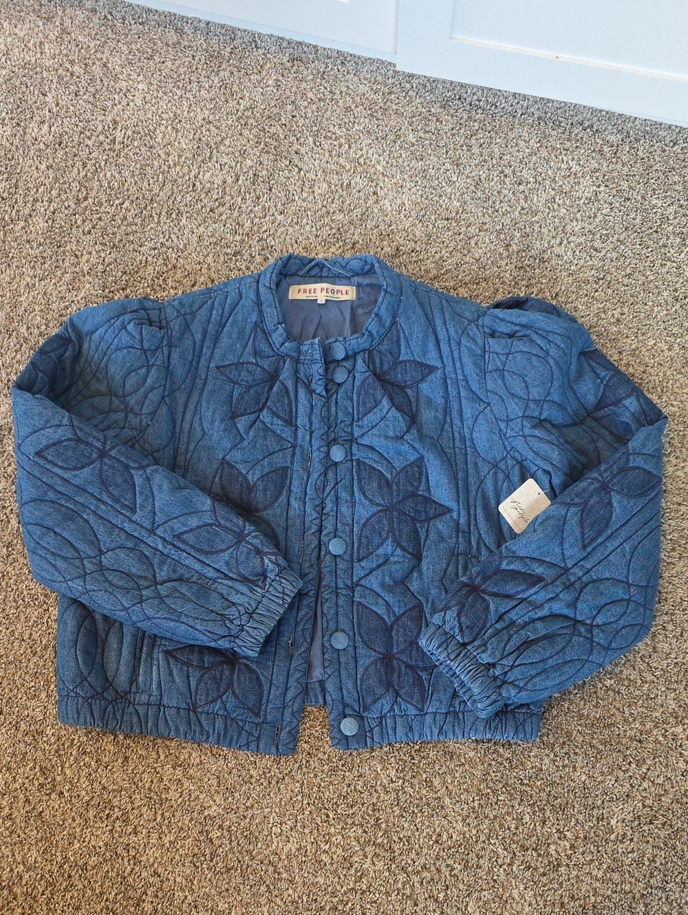Free People Indigo Blue Quinn Quilted Floral Button Jacket